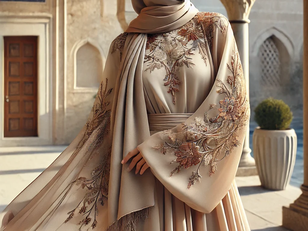 DALL·E 2025-01-12 12.11.05 - A realistic image of a woman showcasing a modern Turkey-style abaya in an elegant outdoor setting, with the face not visible. The abaya is beautifully